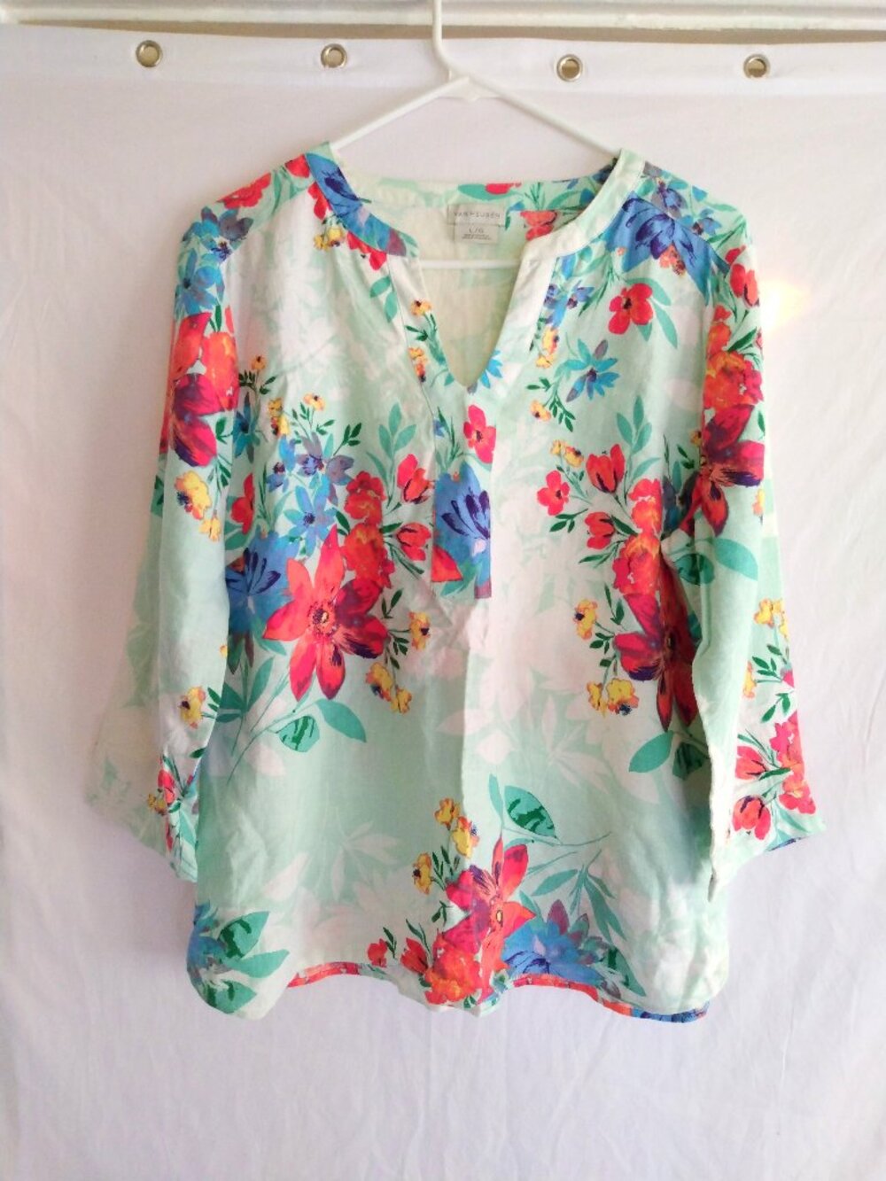Van Heusen Mint Floral Linen-Blend Top Blouse Shirt L Boho Chic Resortwear - Picture 2 of 5